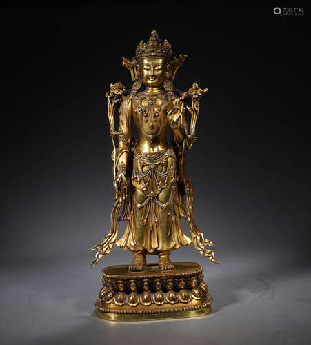 A GILDED BRONZE GUAN YIN BUDDHIST STATUE; MING DYN.