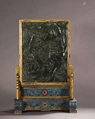 A QING DYNASTY CLOISONNE INLAID HETIAN JASPER JADE FIGURE TA...