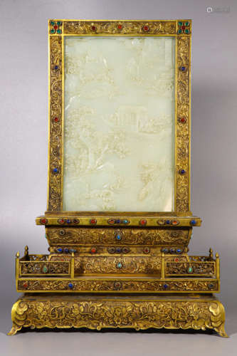 A WHITE JADE TABLE SCREEN WITH IMPERIAL INSCRIPTION,A WHITE ...