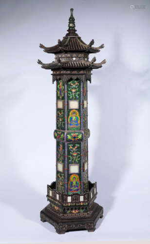 A QING DYNASTY ROSEWOOD JASPER EMBEDDED PAGODA