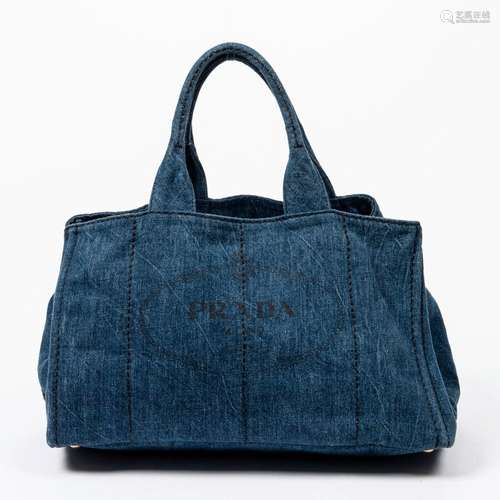 PRADA -SAC Cabas en toile denim, double fermeture zip en mét...