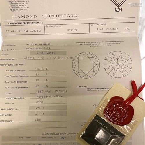 DIAMANT sur papier 0.58 ct avec certificat IGI de 1979 indiq...