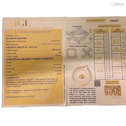 DIAMANT radiant sur papier de 1.02 ct, couleur H, pureté VVS...