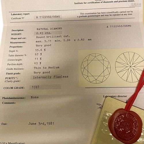 DIAMANT sur papier 0.43 ct avec certificat EGL de 1981 indiq...