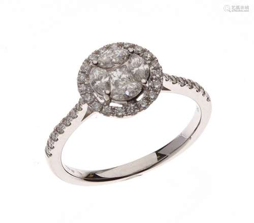 BAGUE en or gris 750/°°, le plateau rond serti de diamants t...