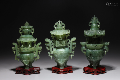 Group of Three Chinese Carved Hardstone Covered Censers