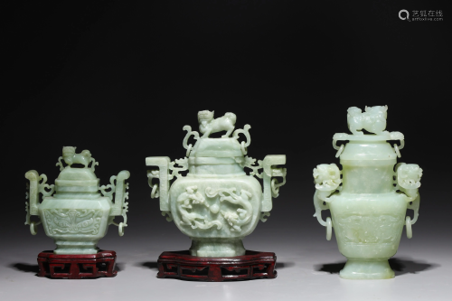 Three Chinese Carved Hardstone Covered Vases