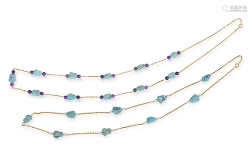 TWO TURQUOISE SAUTOIR NECKLACES Each cable-link chain