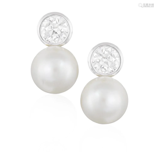 A PAIR OF CULTURED MABÃ‰ PEARL AND DIAMOND EARCLIPS