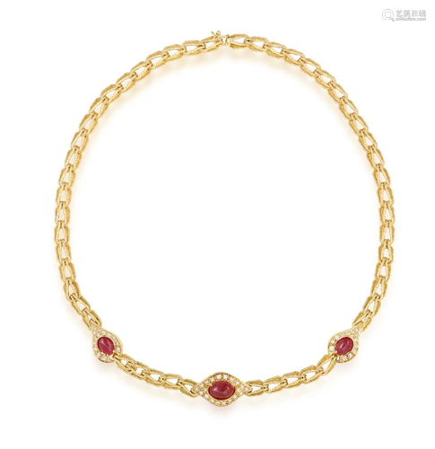 A RUBY AND DIAMOND NECKLACE The fancy-link textured