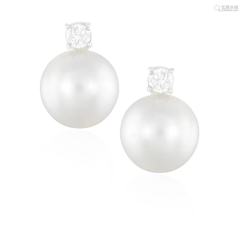 A PAIR OF CULTURED PEARL AND DIAMOND EARRINGS Each