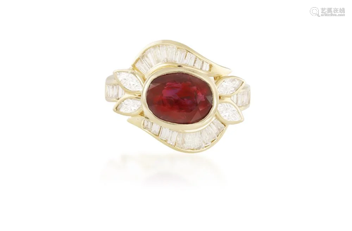 A RUBY AND DIAMOND DRESS RING The central oval-shaped