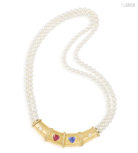 A CULTURED PEARL AND GEM-SET NECKLACE The two cultured