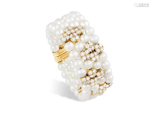 A CULTURED PEARL AND DIAMOND CUFF BANGLE, BY PEDER…