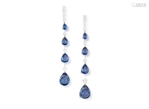 A PAIR OF SAPPHIRE AND DIAMOND PENDENT EARRINGS