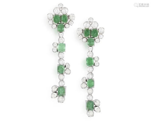 A PAIR OF EMERALD AND DIAMOND PENDENT EARRINGS Each