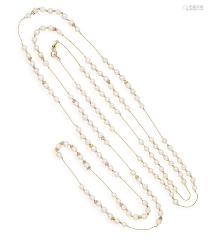 A CULTURED PEARL AND DIAMOND LONG CHAIN NECKLACE