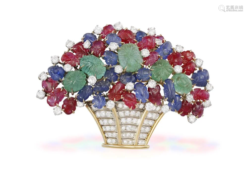 A GEM-SET AND DIAMOND 'GIARDINETTO' BROOCH, CIRCA 1960