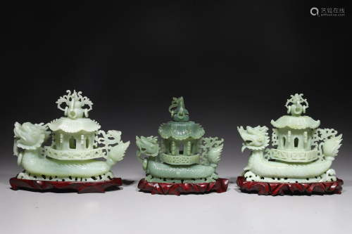Three Chinese Carved Hardstone Covered Censers