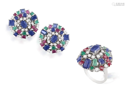 A GEM-SET COCKTAIL RING WITH A PAIR OF EARCLIPS EN