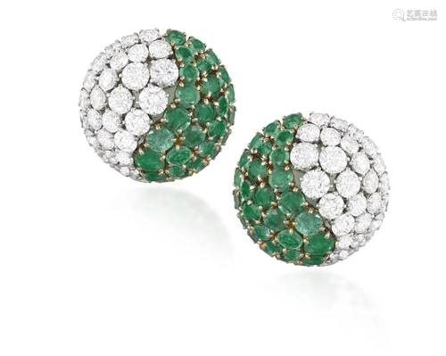 A FINE PAIR OF EMERALD AND DIAMOND EARCLIPS, BY