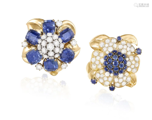 A PAIR OF SAPPHIRE AND DIAMOND DRESS CLIPS/BROOCHES,