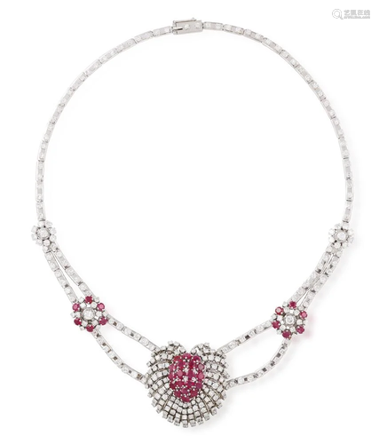 A RUBY AND DIAMOND NECKLACE, CIRCA 1960 The central