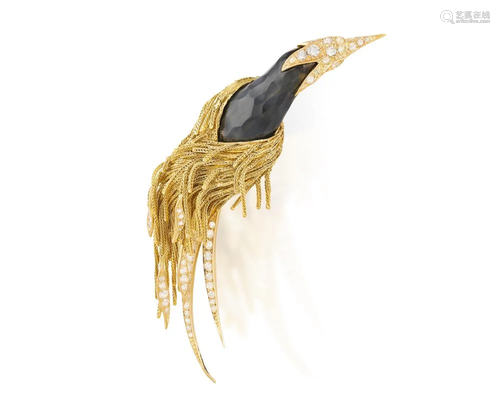 A RARE LABRADORITE AND DIAMOND BIRD BROOCH, BY STERL…