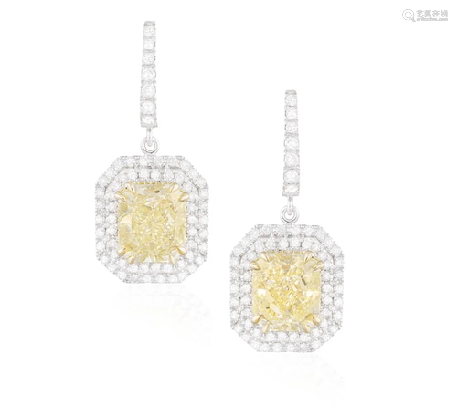 A PAIR OF FANCY YELLOW DIAMOND AND DIAMOND PENDENT