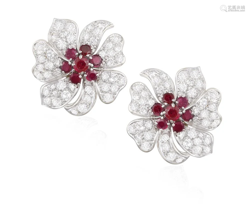 A PAIR OF RUBY AND DIAMOND EARRINGS Each flowerhe…