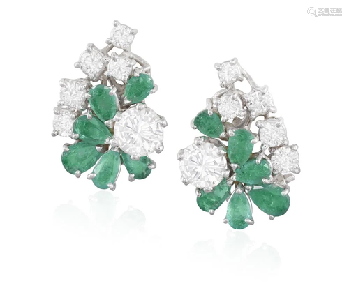 A PAIR OF EMERALD AND DIAMOND EARRINGS Each