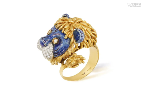 AN ENAMEL AND DIAMOND COCKTAIL RING Designed as a lion,