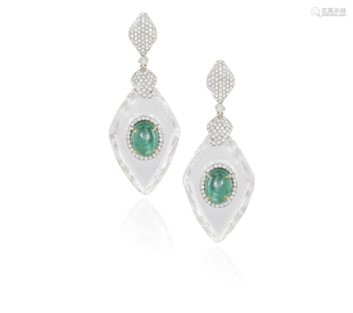 A PAIR OF ROCK CRYSTAL, EMERALD AND DIAMOND PENDENT