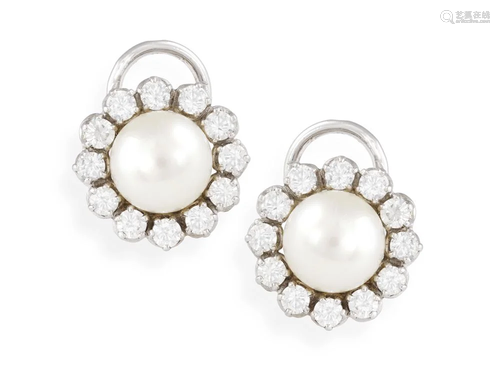 A PAIR OF CULTURED PEARL AND DIAMOND EARRINGS, CIRCA