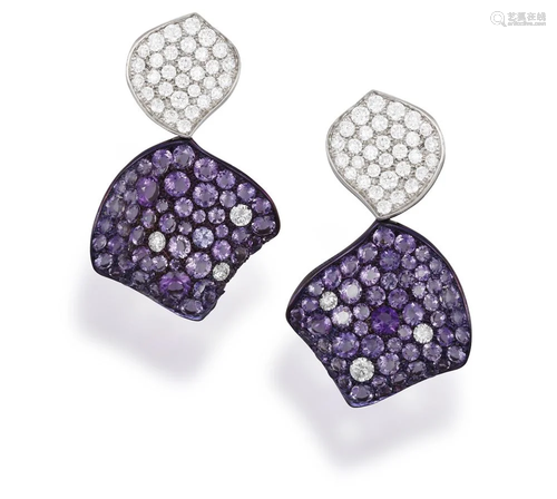 A PAIR OF AMETHYST AND DIAMOND PENDENT EARRINGS, BY