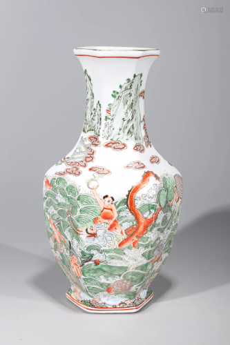 Chinese Famille Verte Faceted Porcelain Vase
