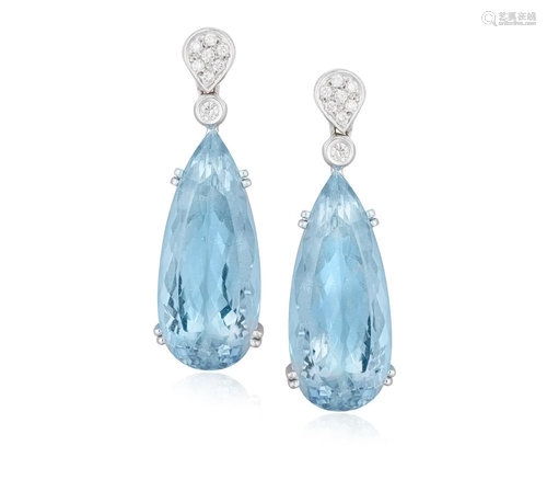 A PAIR OF AQUAMARINE AND DIAMOND PENDENT EARRINGS Each