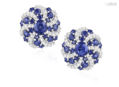 A PAIR OF SAPPHIRE AND DIAMOND EARRINGS Each central