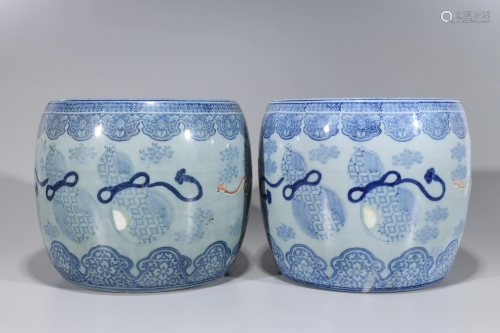 Two Antique Japanese Blue & White Porcelain Hibachi