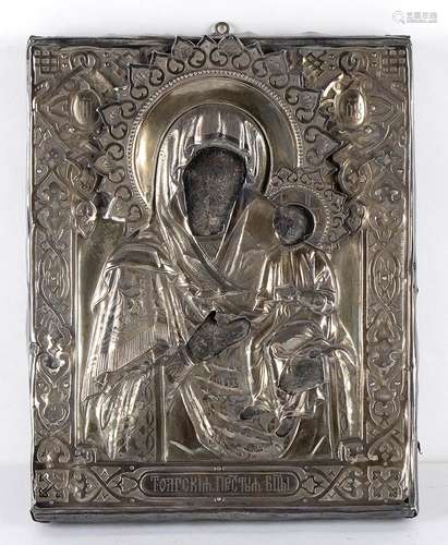 Icône russe avec oklad en argent de la Vierge à l'Enfant - S...