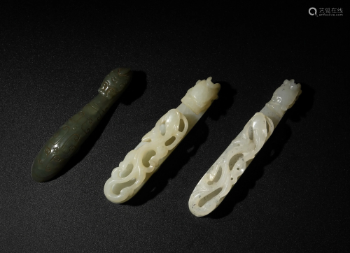 3 Chinese Jade Dragon Hooks, Qing清代 玉龙钩三根