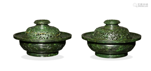 Pair of Chinese Spinach Jade Censers, Qianlong清乾隆 碧玉香薰...
