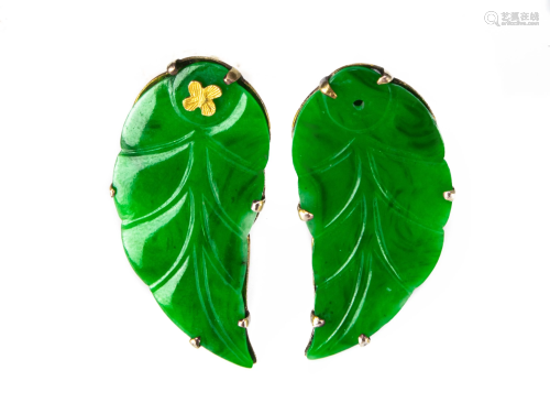 Pair of Chinese Leaf-Shaped Jadeite Earrings,19th十九世纪 翡...