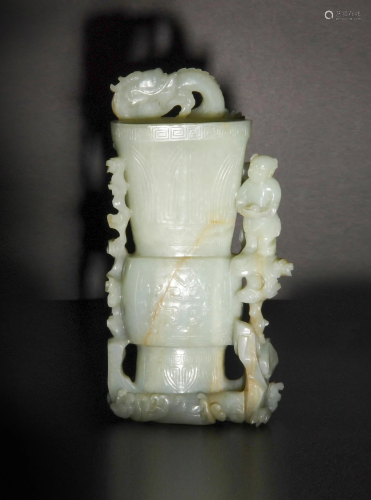 Chinese Celadon Jade Gu Vase, 18th Century十八世纪 青白玉盘龙...