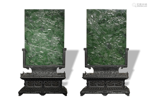 Pair of Chinese Spinach Jade Table Stands, 18/19th十八/十九世...