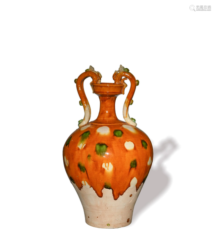 Chinese Sancai Vase with Dragon Handles, Tang唐代 三彩双龙耳...