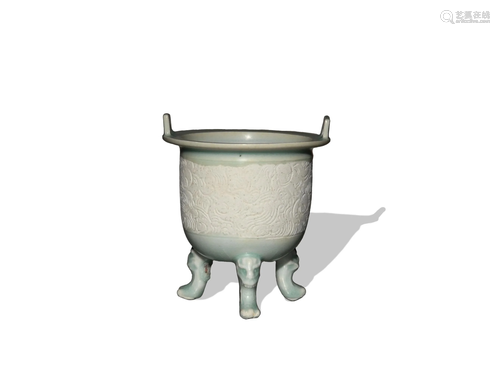 Chinese Celadon Porcelain Tripod Ding, Yuan元代 影青三足鼎