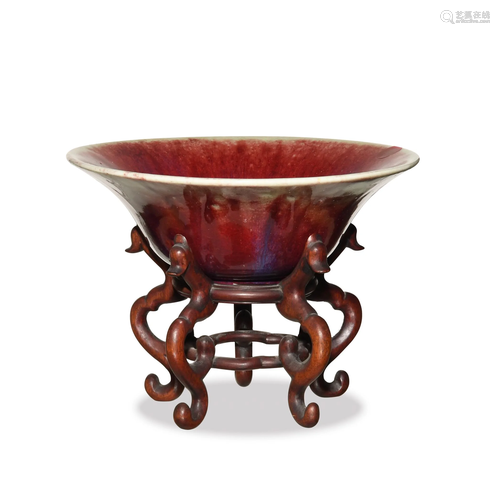 Chinese Flambe Bowl with Wood Stand, 19th Century十九世纪 红...