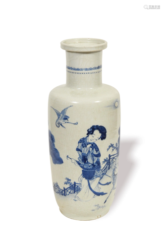 Chinese Blue and White Rouleau Vase, Kangxi清康熙 青花仕女棒...