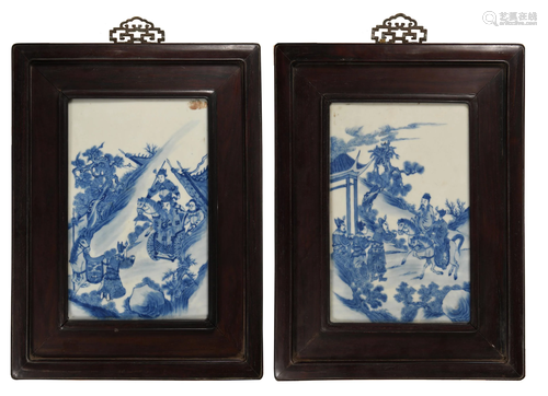 Pair of Chinese Blue and White Plaques, Republic民国 青花人物...